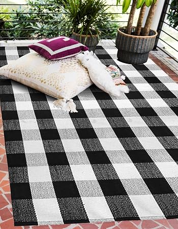 Earthall Cotton Buffalo Plaid Check Rug 4 X6 Black And White Area Rug Hand Woven Farmhouse Living Room Dining Room Bedroom Lounge Washable Retro Lattice Checkered Carpet 47 2 X70 8 Amazon Sg Home