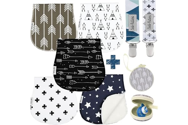 Baby Burp Cloths Pack of 5 by Dodo Babies + 2 Pacifier Clips + Pacifier Case, Premium Quality Unisex Boy or Girls Soft and Ab