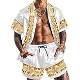 ZSJR Men Hawaiian Shirt Sets Satin Silk Casual Button Down Shirts 2 Piece Luxury Summer Beach Outfits