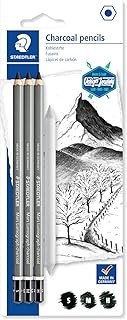 Staedtler Kohlestifte Mars Lumograph charcoal, Sechskantform, hoher Ruß- und Kohleanteil, Premium-Kohlestifte, 3 Härtegrade, Blisterkarte mit 3 Kohlestiften und einem Papierwischer, 100C SBK4