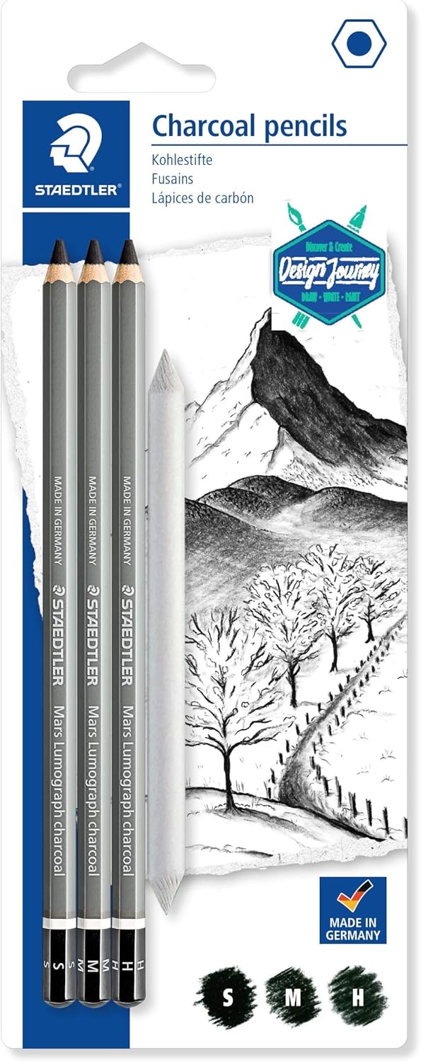 Staedtler Kohlestifte Mars Lumograph charcoal, Sechskantform, hoher Ruß- und Kohleanteil, Premium-Kohlestifte, 3 Härtegrade, Blisterkarte mit 3 Kohlestiften und einem Papierwischer, 100C SBK4