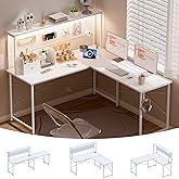 Pamray 60 Inch L Shaped Gaming Desk with LED Lights and Power Outlets Reversible Corner Computer Desk with Pegboard Storage Shelves Home Office Table for Work Study White