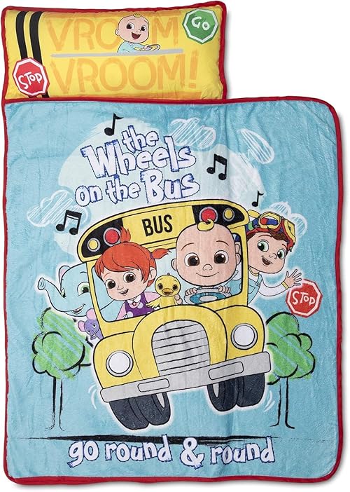 CoComelon Kids Nap-Mat Set – Includes Pillow and Plush Blanket – Great for Boys or Girls Napping During Daycare, Preschool, or Kindergarten - Fits Toddlers and Young Children