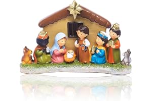 MACLARONX Nativity Set, Mini Christmas Nativity Scene with LED Light for Kids Include 1 Manger Creche and 8 Figures Indoor, Colorful N-B1