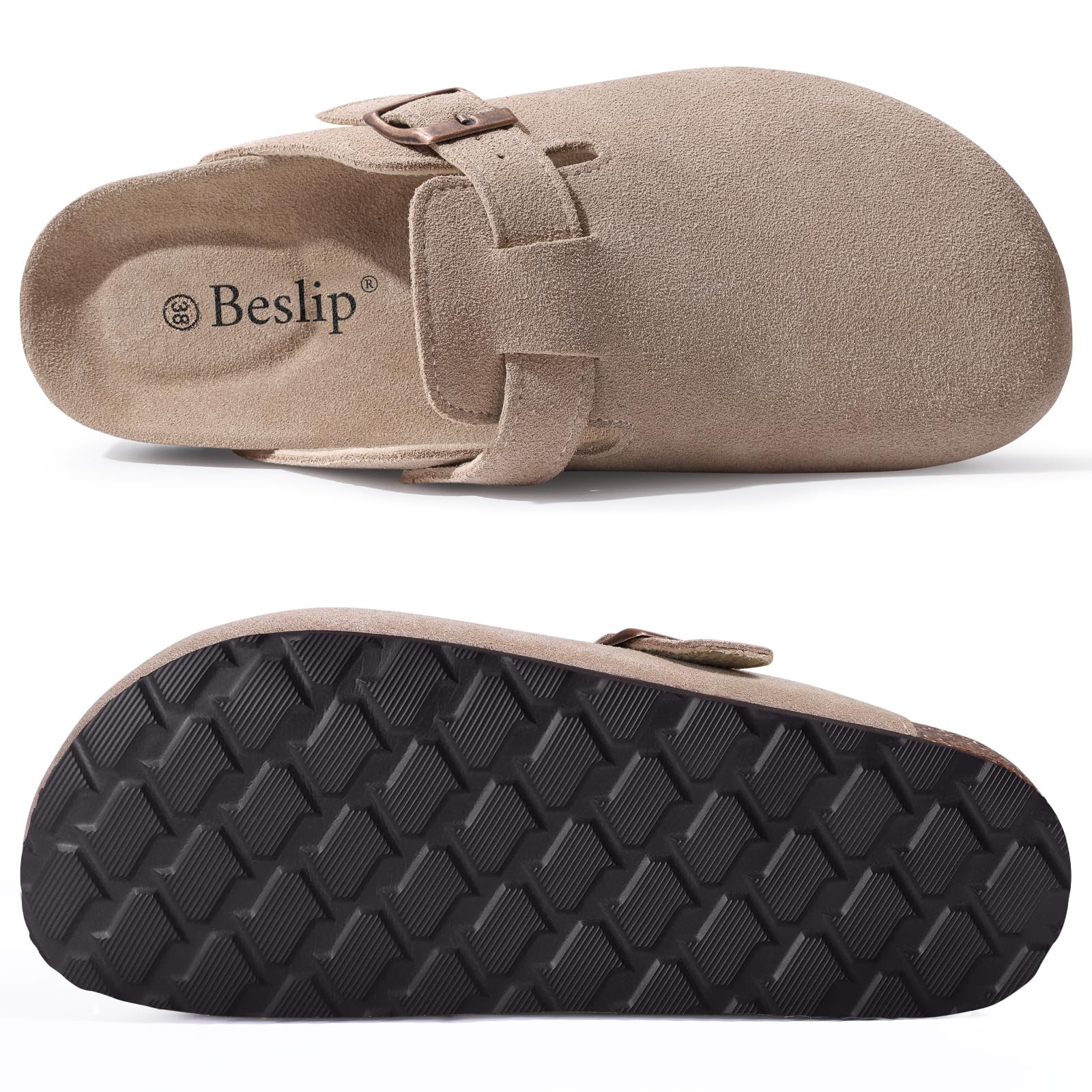 Beslip Wildleder Clog für Damen Weiches Kork Fußbett Leder Pantoletten Komfort Kartoffel Schuhe mit Arch Support, Taupe Frauen Größe 39 EU 6