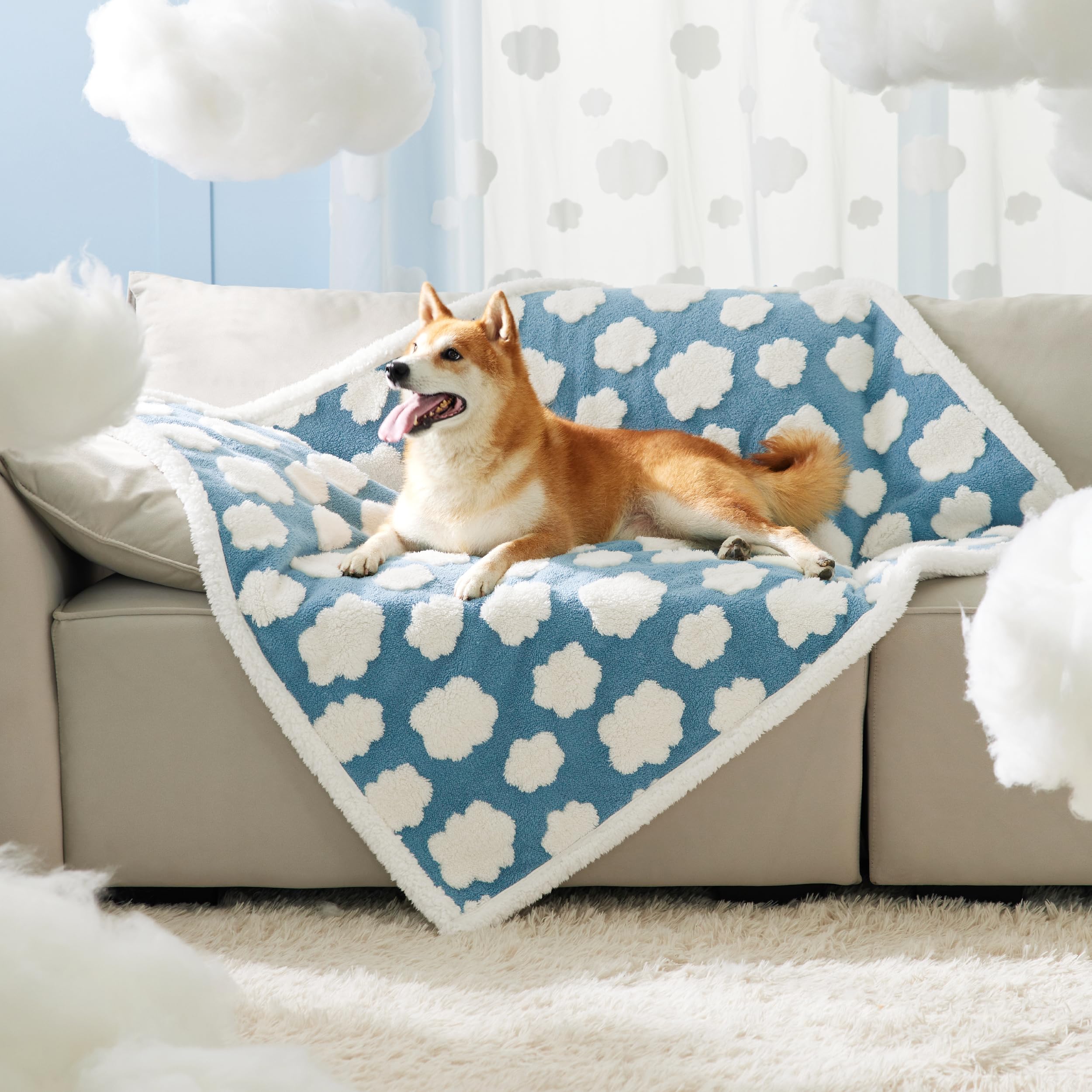 Photo 1 of Lesure Waterproof Dog Blanket for Large Dogs - Washable Double Sided Dog Blankets with Warm Jacquard Shag and Soft Sherpa Fleece, Pet Cat Blanket for Couch Protection, 3D Textured Cloud, Blue