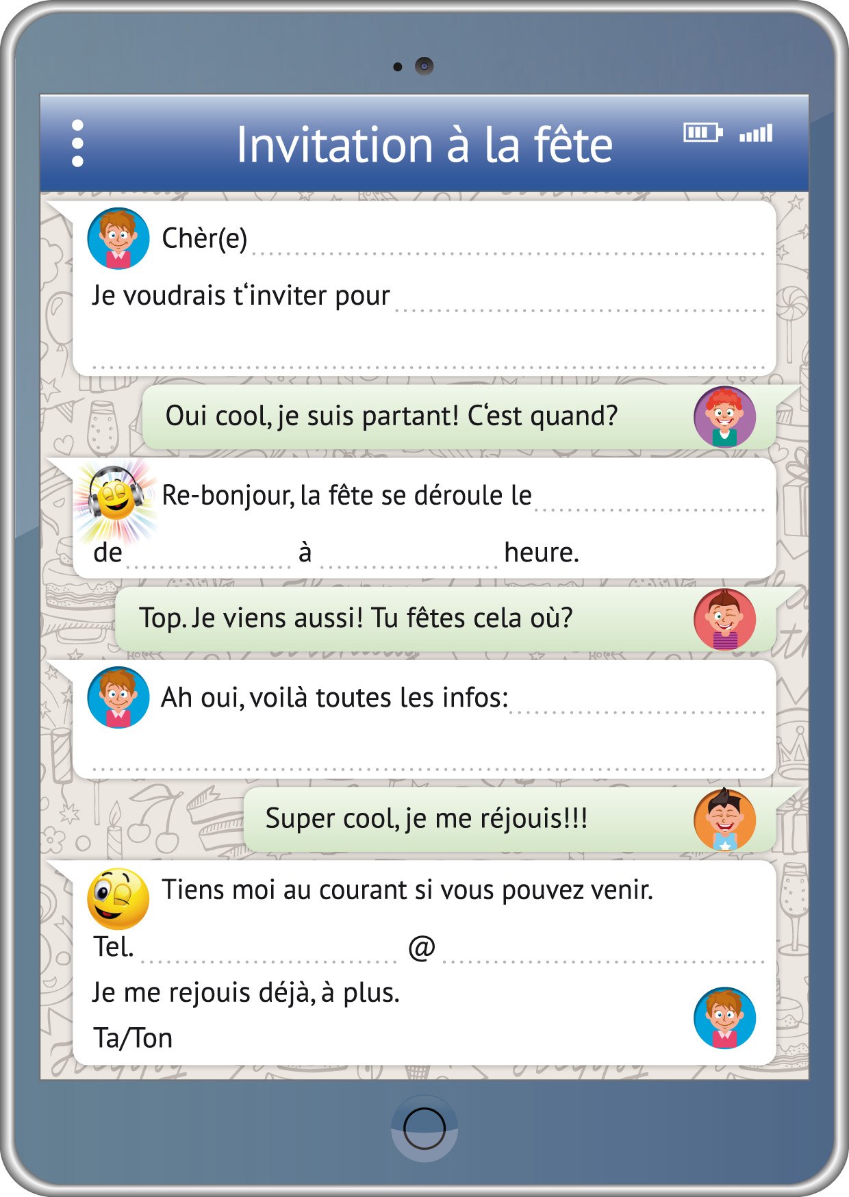 Edition Colibri (10730 FR Invitations in French Tablet: Pack of 10 Funny Invitations with Whatsapp Message and Smileys/Emoticons for a Child's Birthday