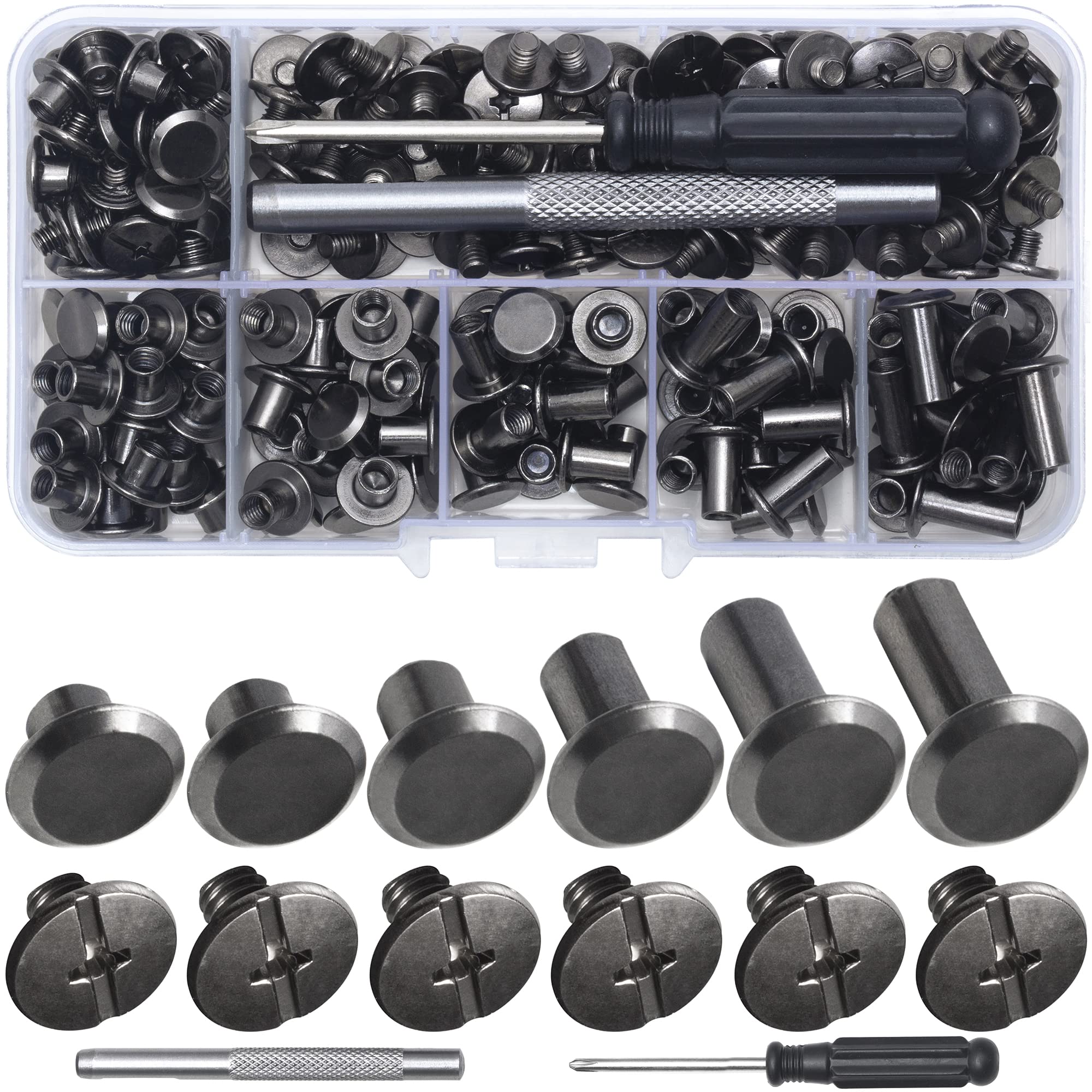 Photo 1 of YORANYO 110Sets Chicago Screws Leather Rivets Assorted Screw Rivets Chicago Binding Screws for Decorate and Repair Leather Craft Belt Bag Shoes Purse Bookbinding (Gunmetal Black, M5*4,5,6,8,10,12)