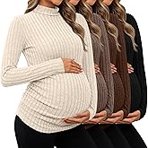 Huukeay 4 Pack Women's Maternity T-Shirts, Long Sleeve Mock Turtleneck Ribbed Pregnancy Top Sweaters Side Ruched Mama Clothes