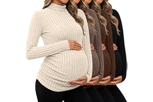 Huukeay 4 Pack Women's Maternity T-Shirts, Long Sleeve Mock Turtleneck Ribbed Pregnancy Top Sweaters Side Ruched Mama Clothes