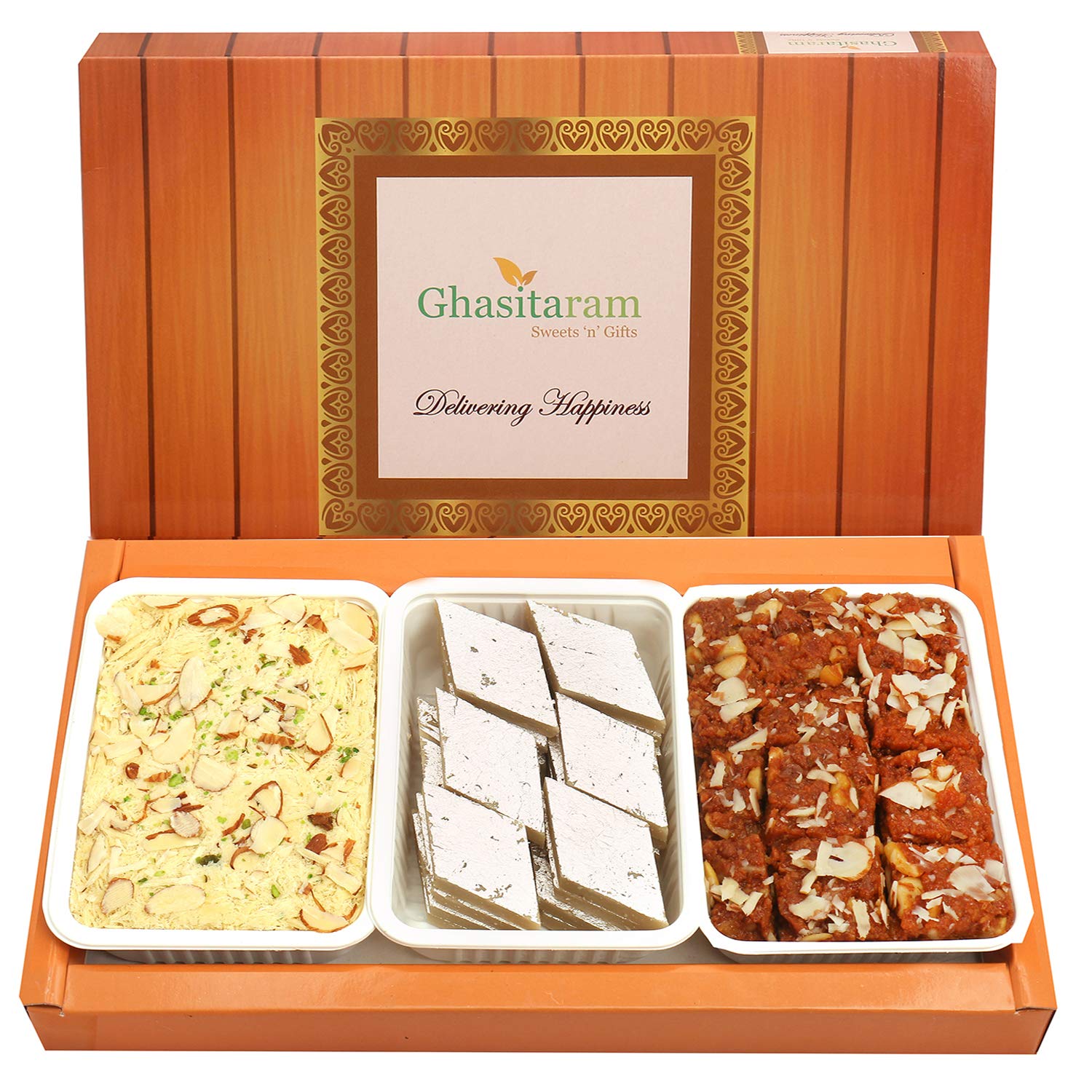 Ghasitaram Gifts Indian Sweets - Diwali Gifts Diwali Sweet - Kaju Katli, Dodha Barfi and Soan Papdi
