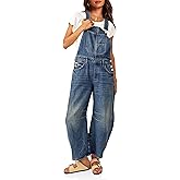 PLNOTME Womens Denim Bib Overalls Barrel Leg Adjustable Strap Jean Pants Jumpsuits with Pockets