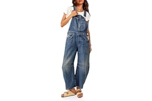 PLNOTME Womens Denim Bib Overalls Barrel Leg Adjustable Strap Jean Pants Jumpsuits with Pockets