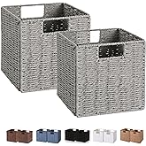 Vagusicc Wicker Basket, Set of 2 Hand-Woven Wicker Storage Basket, Foldable 11 inch Cube Storage Bins, Storage Baskets for Organizing Shelves, Closet Organizers and Storage Bins, Gray (11″×11″×11″)