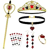 80UncleKimby 7Pcs Halloween Queen of Hearts Costumes Accessories for Women Crown Headband Scepter Wand Necklace Earring Tattoo Sticker Ring for Party Cosplay