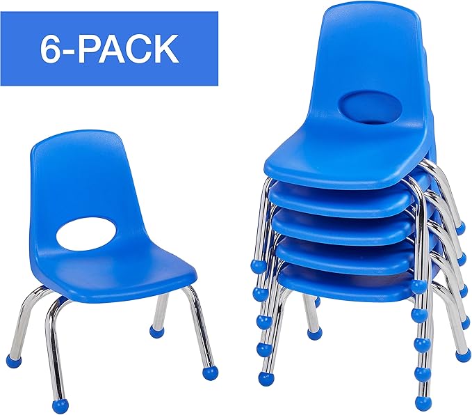 ECR4Kids 10" School Stack Chair, Chrome Legs with Ball Glides, Blue (6