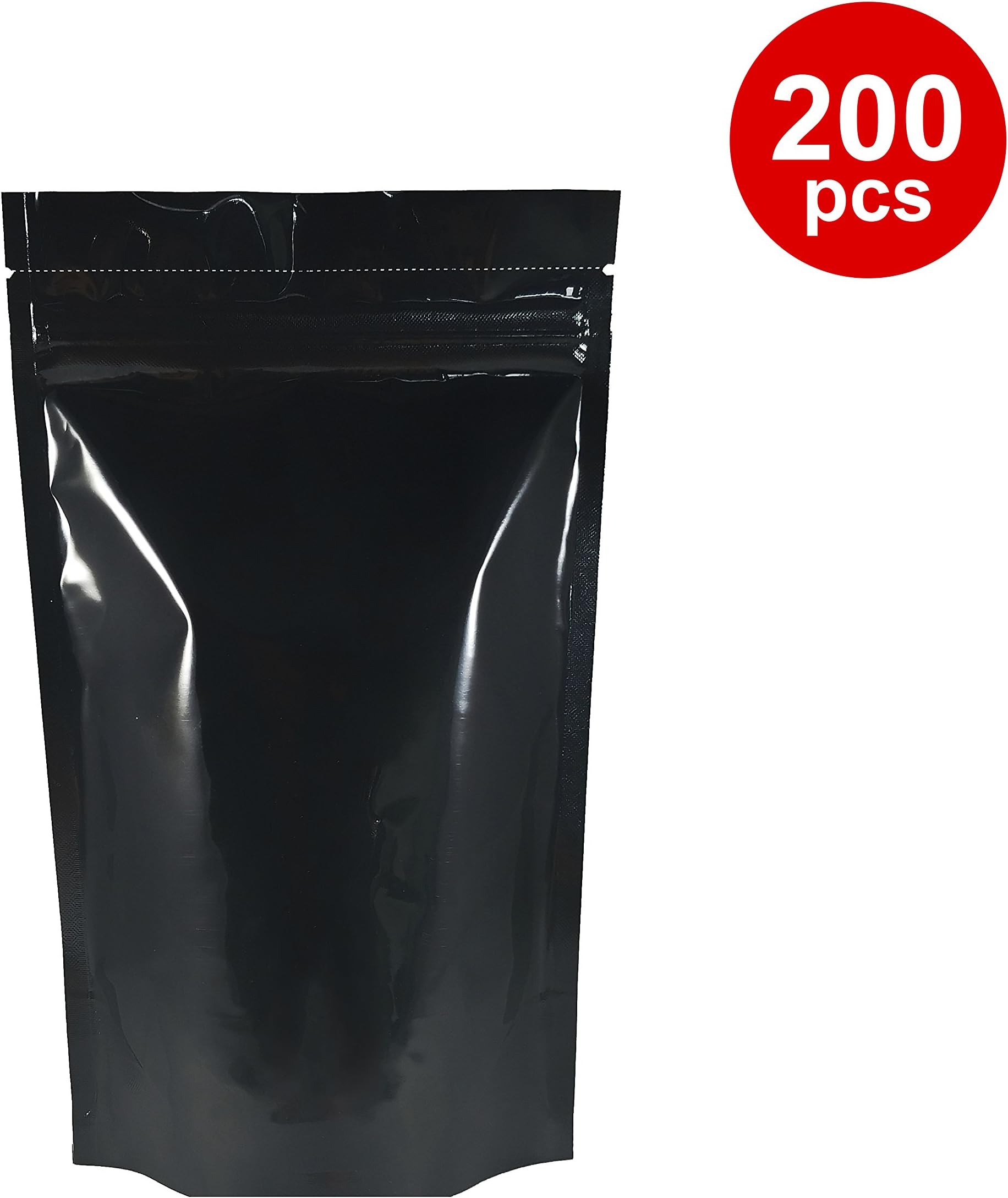 Black Mylar Stand Up Bags Pouches with Zipper, Notch for Food Storage 5 X 8 X 2.5 inches (4oz) 200 pcs