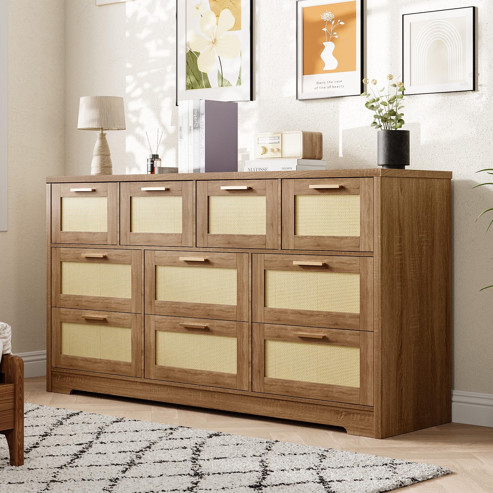 Photo 1 of GarveeHome 10 Drawers Dresser for Bedroom, Rattan Chest of Drawers with Spacious Tabletop & Handles, Closet Dresser Organizer TV Stand for Living Room, Hallway(60''x16''x32''), Natural
