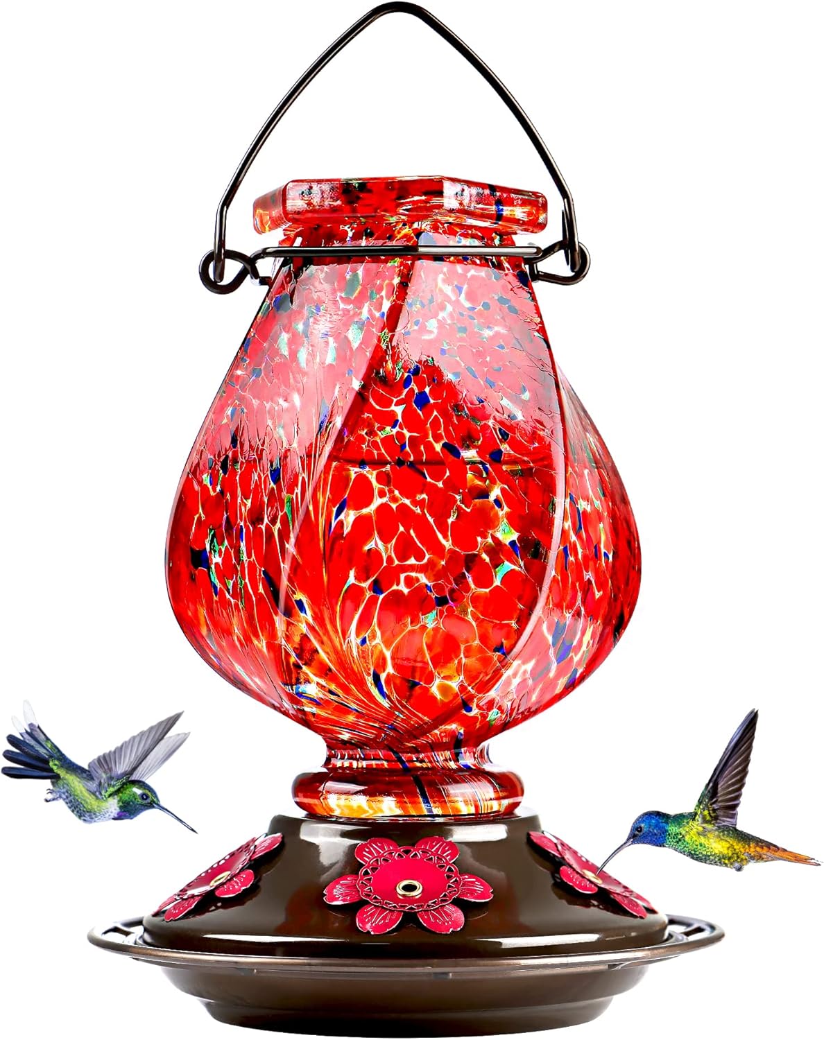 Backyard Birding & Wildlife - BOLITE Hummingbird Feeder, 18058R Hand Blown Glass Hummingbird Feeders for Outdoors Hanging, 22 Ounce, 5 Feeding Ports with Perch, Red