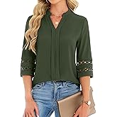 Funlingo 3/4 Length Sleeve Womens Tops V Neck Dressy Casual Blouses Lace Tunic Pleated Shirts Business Casual Outfits 2026