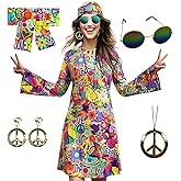 MRYUWB 70s Hippie Dress Costumes Necklace Earrings Sunglass Women Disco Outfit, 60s Party Costume, Halloween Retro Dresses