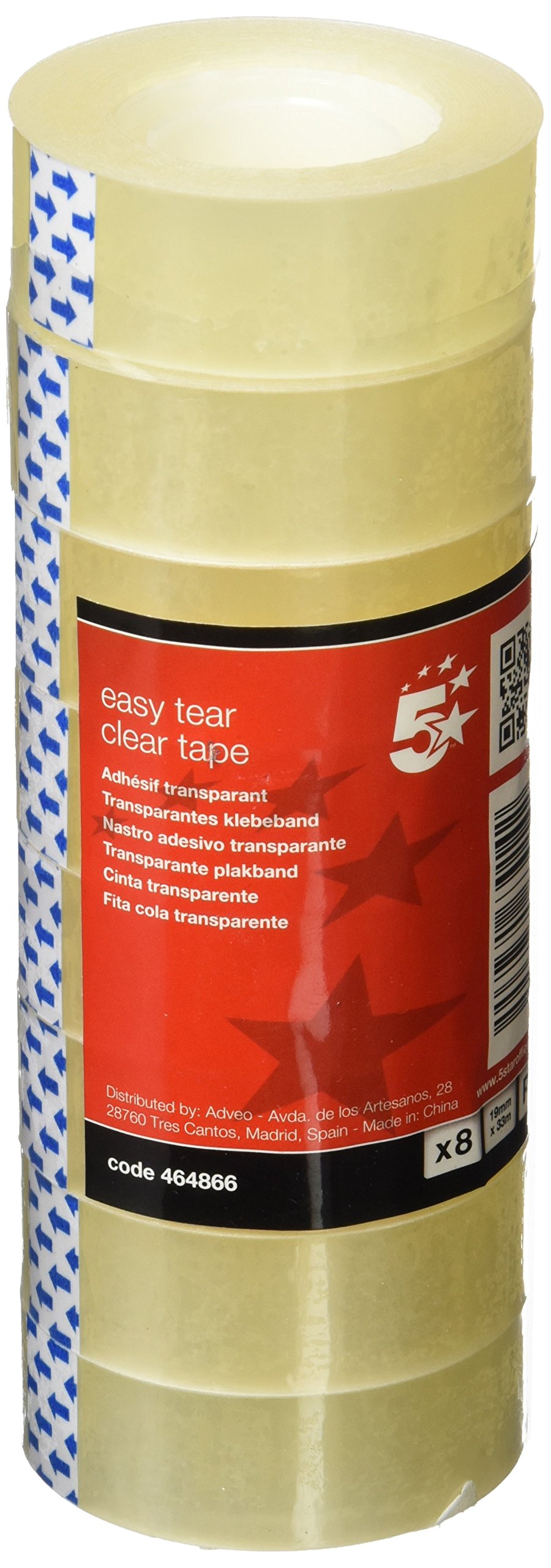 5 Star Easy Tear Clear Tape Polypropylene 40 Microns 19mmx33m [Pack 8]