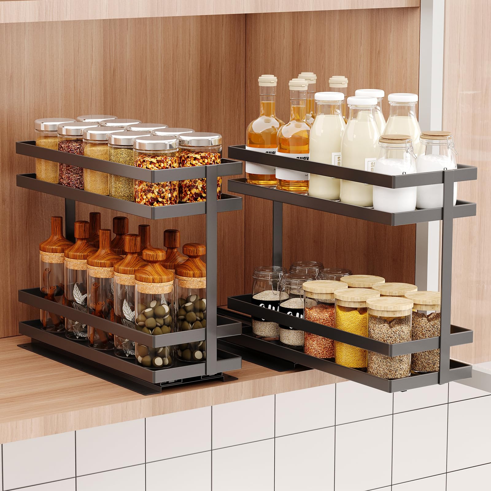 Photo 1 of Mustorn 2 Pack Pull Out Spice Rack Organizer for Cabinet, 2 Tier Metal Slide Out Seasoning Organizer and Storage Heavy Duty Vertical Spice Rack Shelf Pullout for Kitchen Cabinets No Drilling (Black)