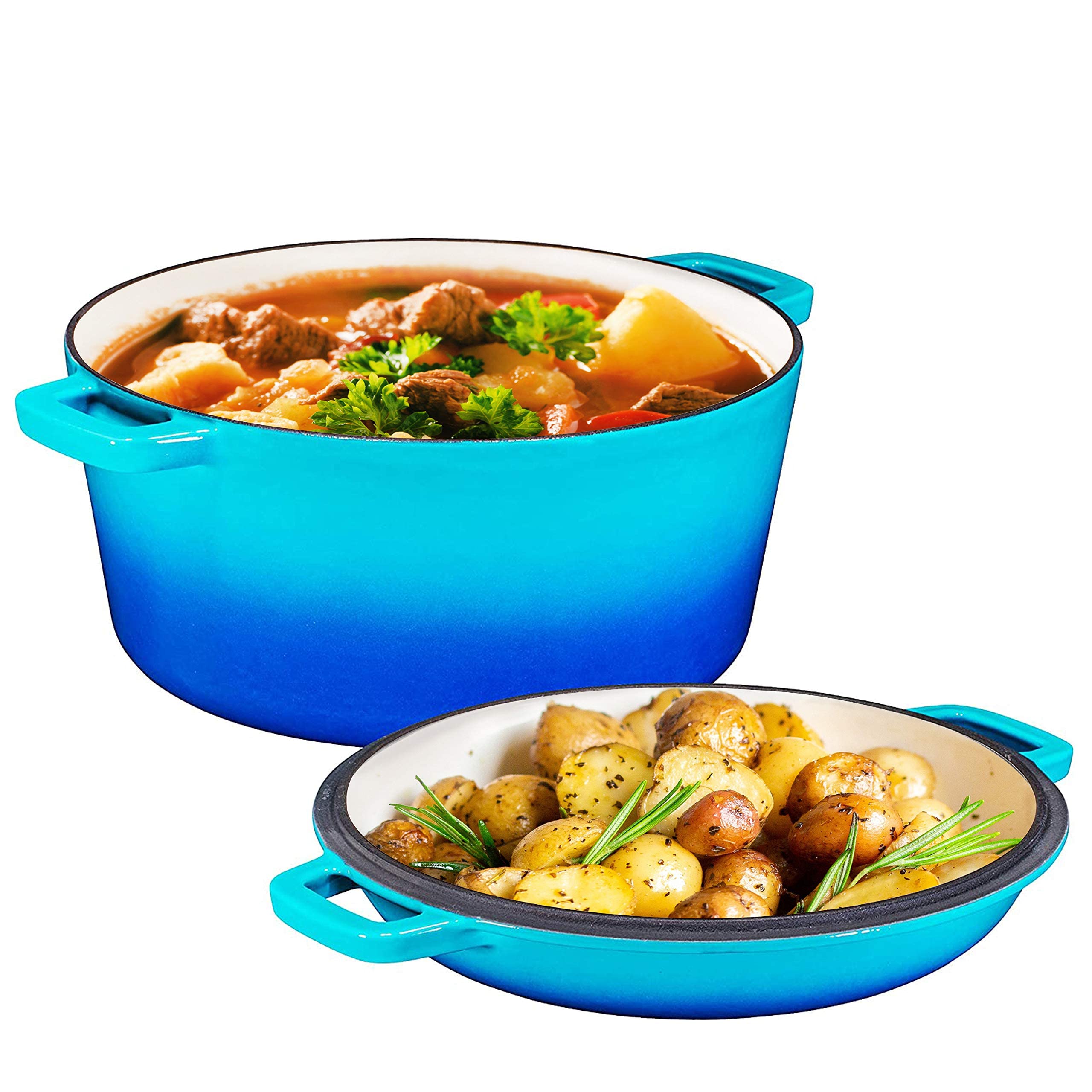 Bruntmor 2-in-1 Enamel Cast Iron Dutch Oven With Handles - Crock Pot Caribbean Blue Cast Iron pot with Skillet lid - All-in-One Cookware Braising Pan for Casserole Dish - 5 Quart, Caribbean Blue