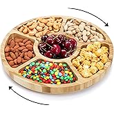 Dicunoy Divided Serving Dish Tray, 13'' Bamboo Rotatable Veggie Fruit Platter, Lazy Susan Relish Sectional Snack Container Bowls with 6 Compartments for Candy, Appetizer, Nuts, Parties
