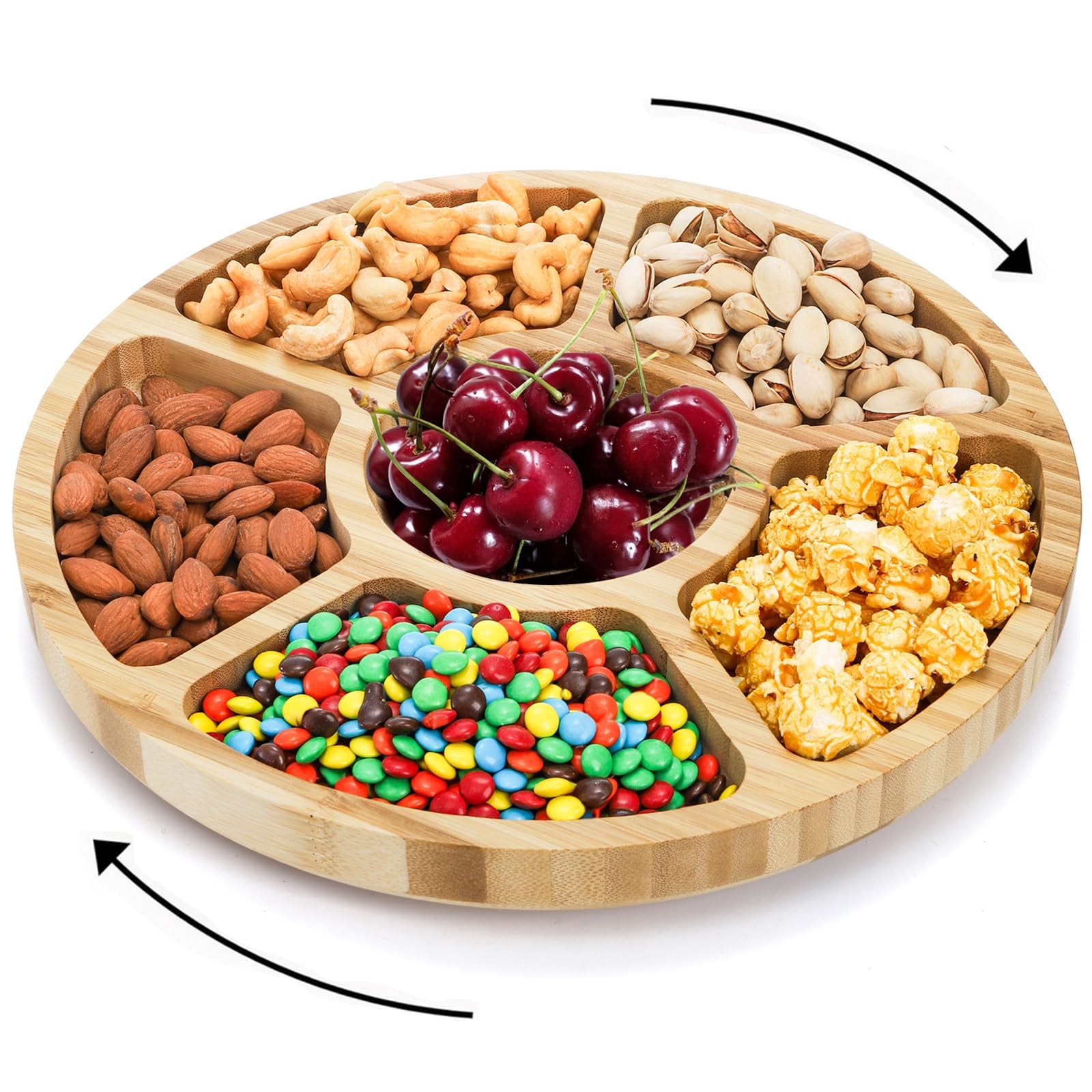 Photo 1 of **SCREW THROUGH MIDDLE**Dicunoy Divided Serving Dish Tray, 13'' Bamboo Rotatable Veggie Fruit Platter, Lazy Susan Relish Sectional Snack Container Bowls with 7 Compartments for Candy, Appetizer, Nuts, Parties