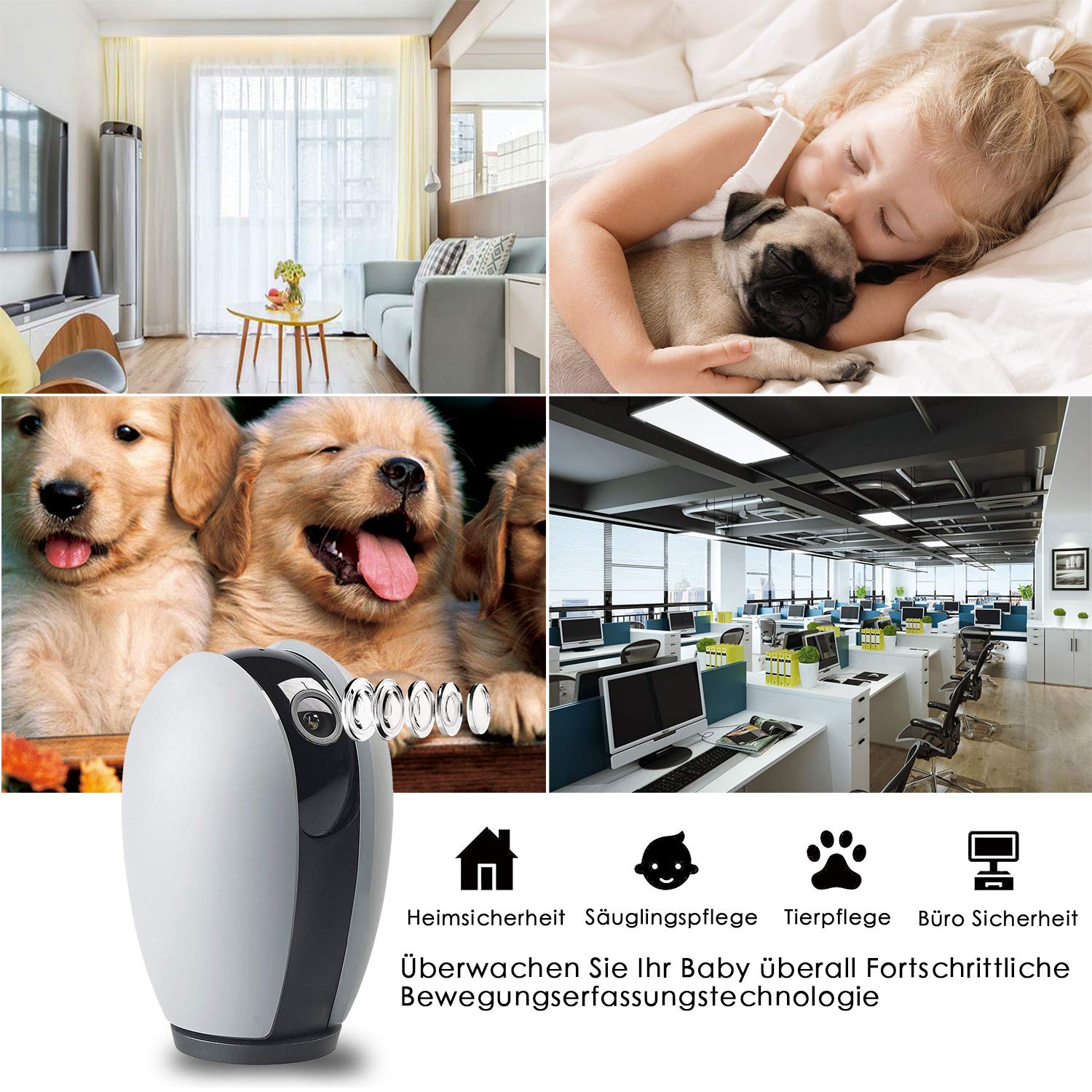 AUQUSH WLAN IP-Kamera 1080P WiFi Überwachungskamera mit Nachtsicht Bewegungserkennung,Zwei-Wege Audio und 355°/120°Schwenkbar Kamera für Baby/Elder/Haustier