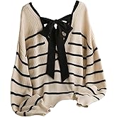 SOLY HUX Women's Plus Size Bow Sweater, Striped Sweater with Bows Back, Off The Shoulder Knit Tops Fall Clothes