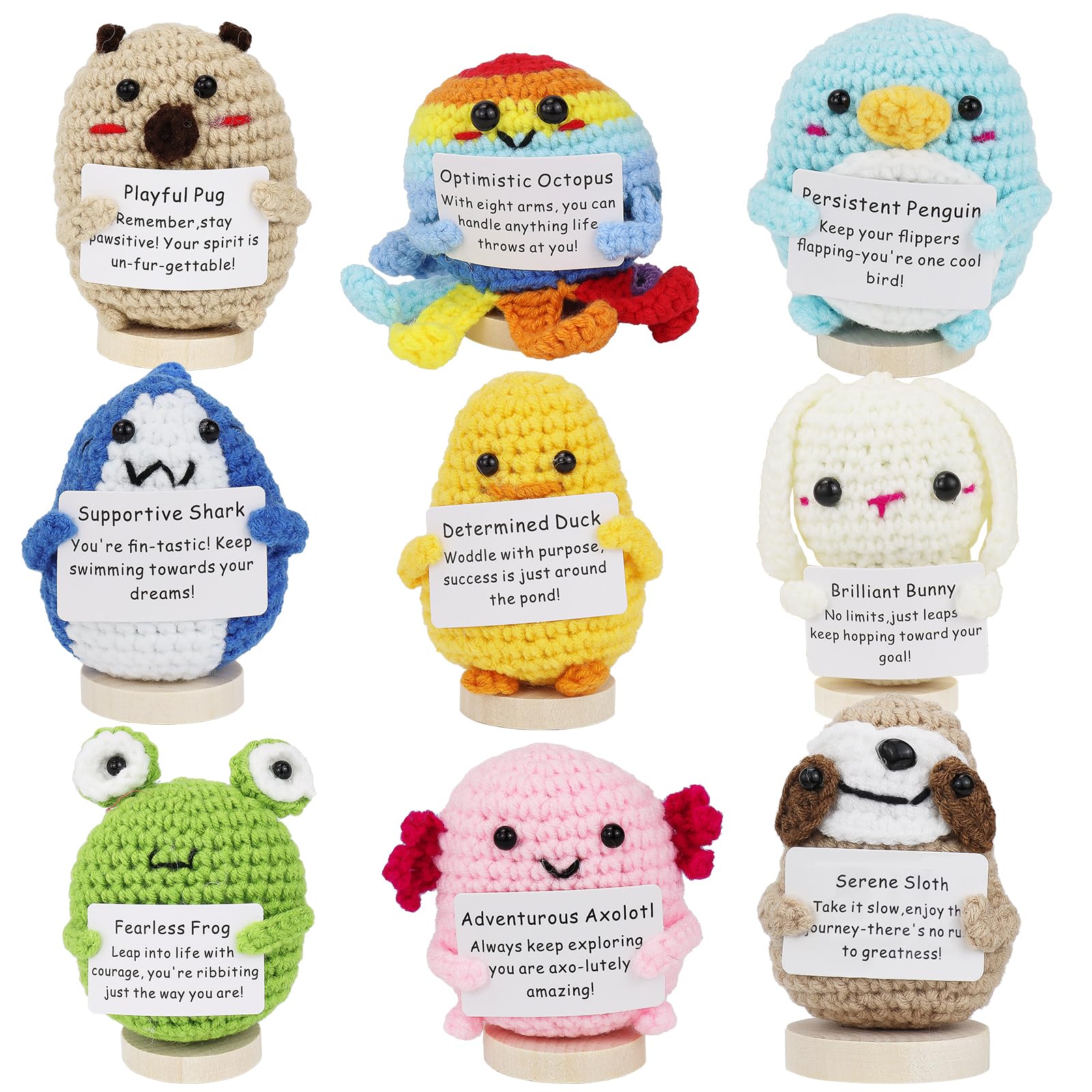 Malloom 9 Pcs Positive Farm Animals Crochet with Inspirational Cards Tiny Employee Appreciation Gifts Bulk Cute Woodland Knitted Dolls for Women Coworker Birthday Party Supplies (Animals)