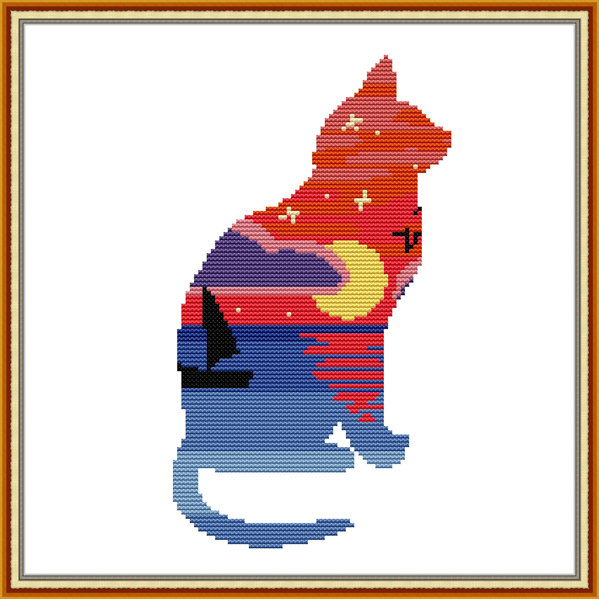 OWN4B Cross Stitch Kits Stamped, Colorful Cat Printed Pattern 11CT 15.4x15.4 inch DIY Embroidery Kit