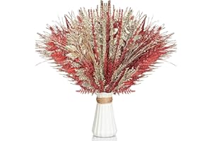 Motionchic 50 Pcs Red and Gold Christmas Tree Picks and Sprays Xmas Tree Topper Glitter Pine Twigs Faux Glittery Branch Stems for Christmas Vase Wreath Decoration DIY Craft Supplies