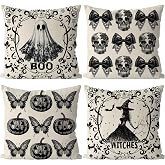 GAGEC Halloween Pillow Covers 18x18 Inch Set of 4 Ghost Witches Gothic Throw Pillow Covers Pumpkin Butterfly Spooky Farmhouse Pillowcase Couch Cushion Case for Home Sofa Living Room Decor