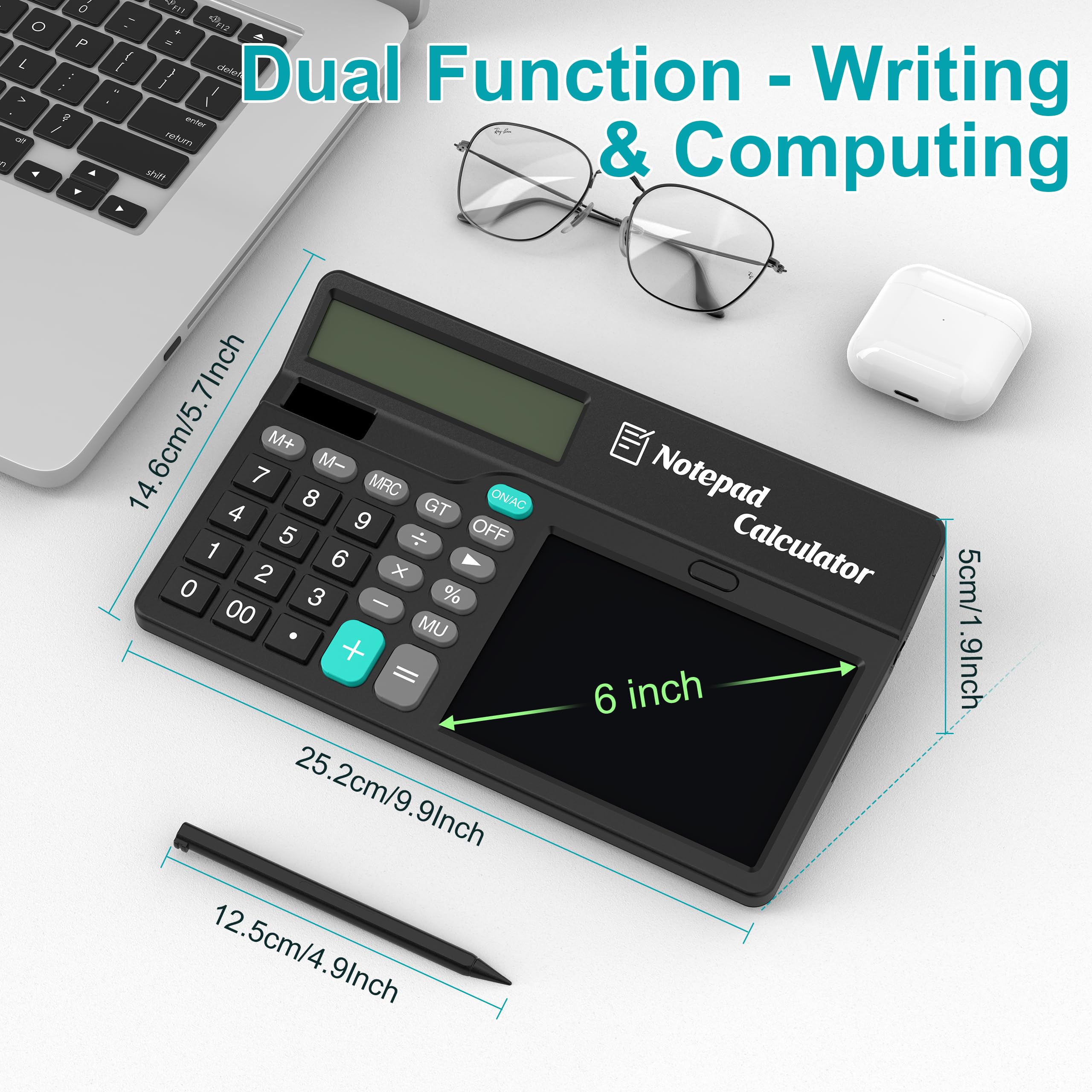 Calculators Desktop with Notepad Writing Tablet 6 Inch, 12 Digit Large Button Office Calculator with Magnetic Stylus, Support Solar & Battery, Desk Calculator for Office, School & Home