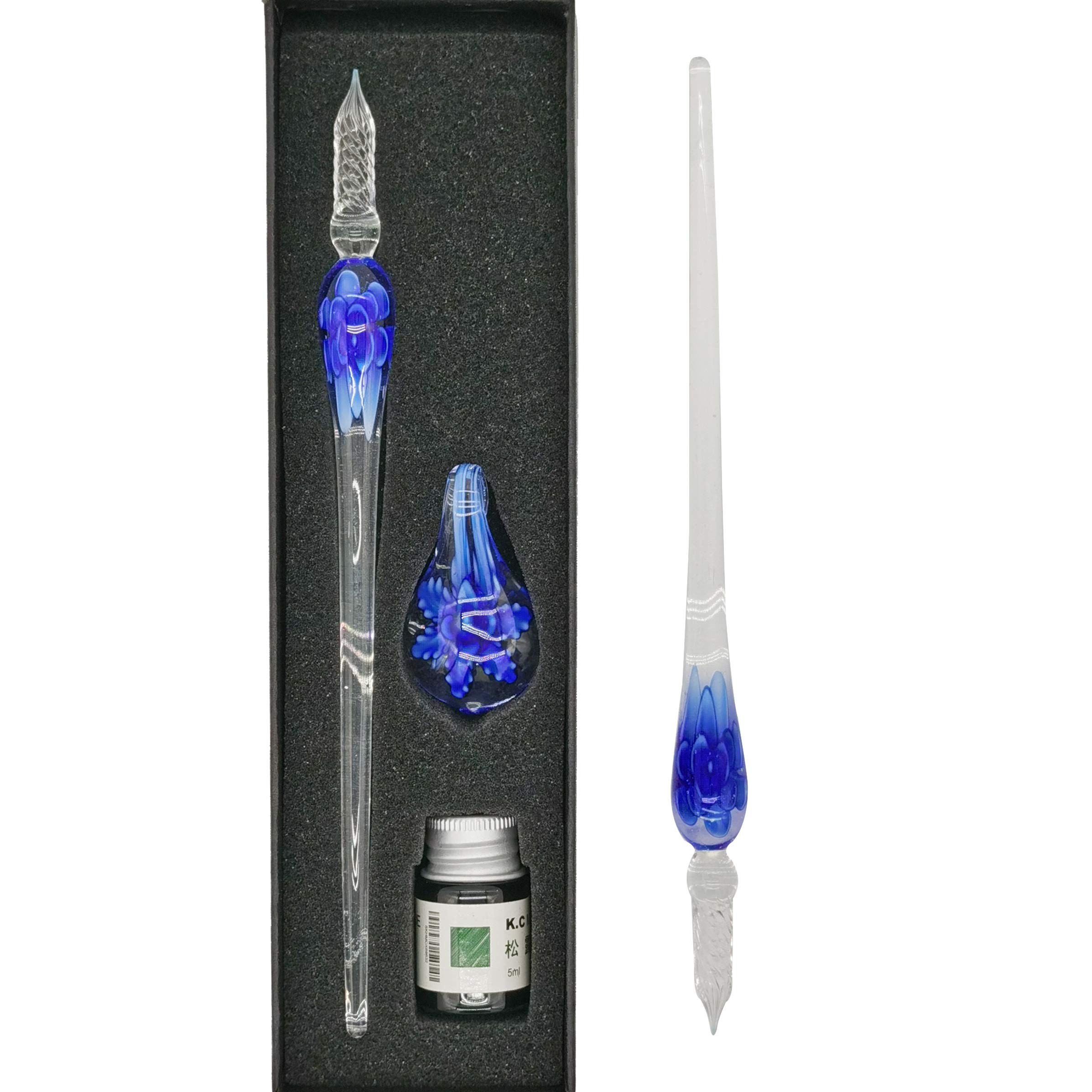 EACHHAHA Glass Dip Pen，Crystal Signature Pen for Art, Writing, Signatures — Decoration and Business Gift (3 piece blue flower Pen)