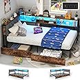 Doltoro Corner Bed Frame with Storage Bookcase and LED Lights Twin Platform Bed Frame with Upholstered Headboard and Charging Station, Twin Daybed with 2 Storage Drawers, Rustic Brown & Gray