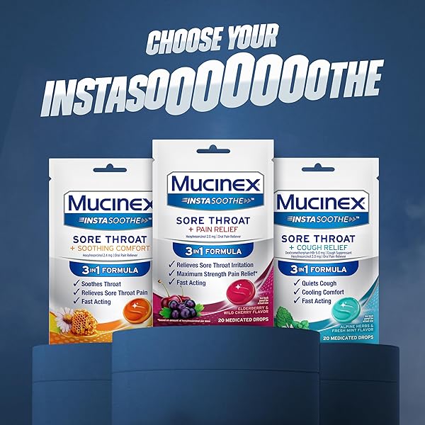 MUCINEX INSTASOOTHE SORE THROAT RELIEF, SORE THROAT LOZENGES, SORE THROAT MEDICINE WITH HEXYLRESORCINOL, COUGH DROPS ALTERNATIVE, 40 ELDERBERRY & WILD CHERRY MEDICATED NUMBING THROAT DROPS
