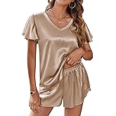 Ekouaer Women Satin Pajamas Set Ruffle Sleeves Silk Pj Set Soft V Neck Sleepwear Loungewear