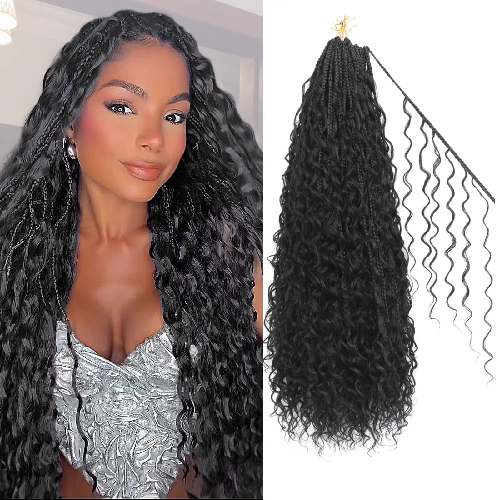 Photo 1 of Boho Crochet Braids Human Hair Mixed 24 Inch Box Braids with Human Hair Mixed 6 Curls Bohemian Braids for Black Women (24 Inch, 1B)