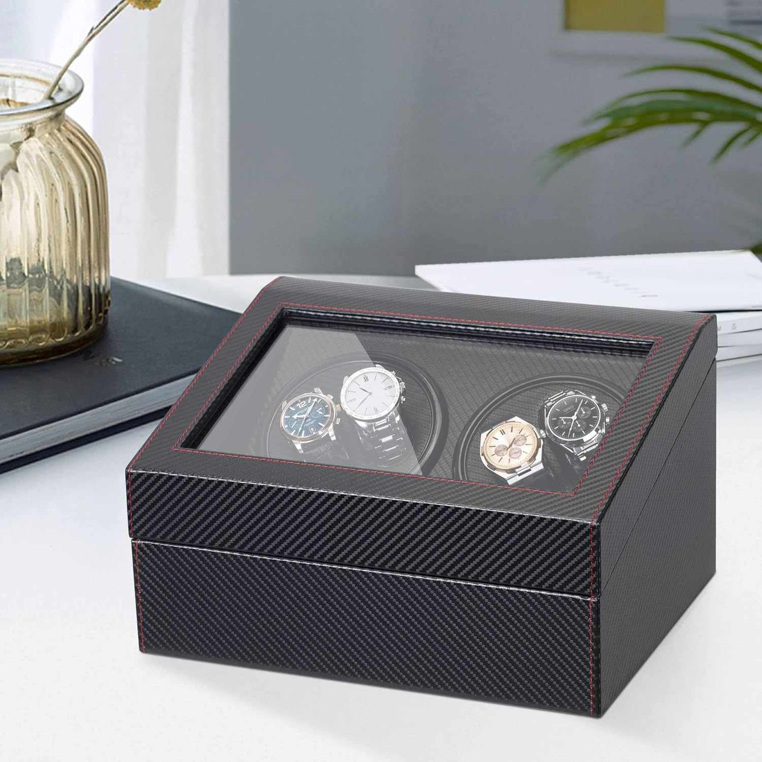 Automatic Watch Winder with 4 Quiet Running Motor Watch Winding Display+ 6 Flexible Watch Pillows Luxury Fiber Leather Storage Case for Man/Woman's Watches- AC Adapter: Watches