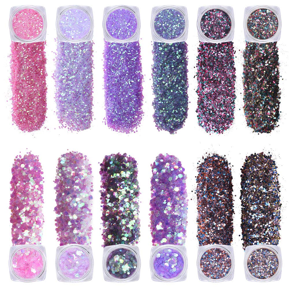 URAQT Chunky Glitter Festival, 12 Colors, Nail & DIY Glitter Powder for Face, Body, Eye, Hair & Nails