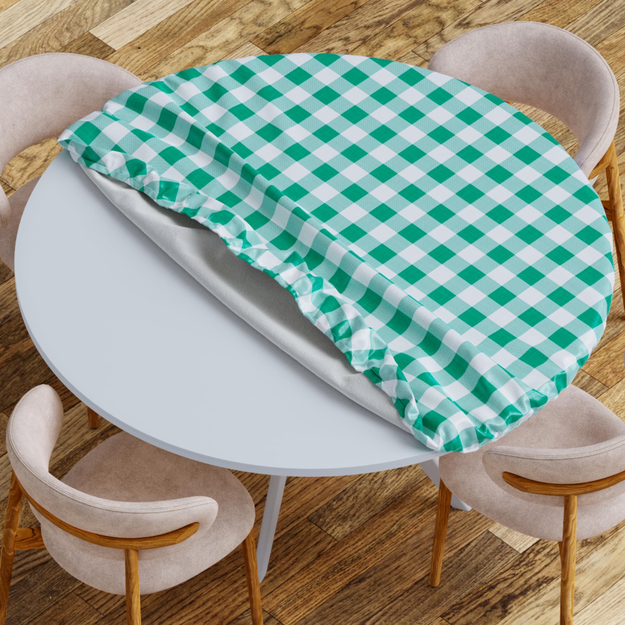 Sorfey Round Tablecloth -Fitted with Elastic, Vinyl with Flannel Back, Fits for Table 48 Inches Round,Water Proof, Easy to Clean, Checked Green Design