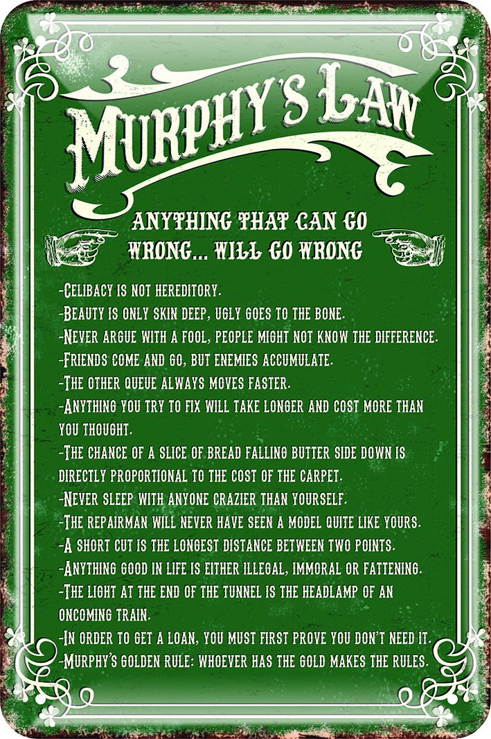 Murphy's Law Metal Sign 'Anything That Can Go Wrong.. Will Go Wrong', Green Colour
