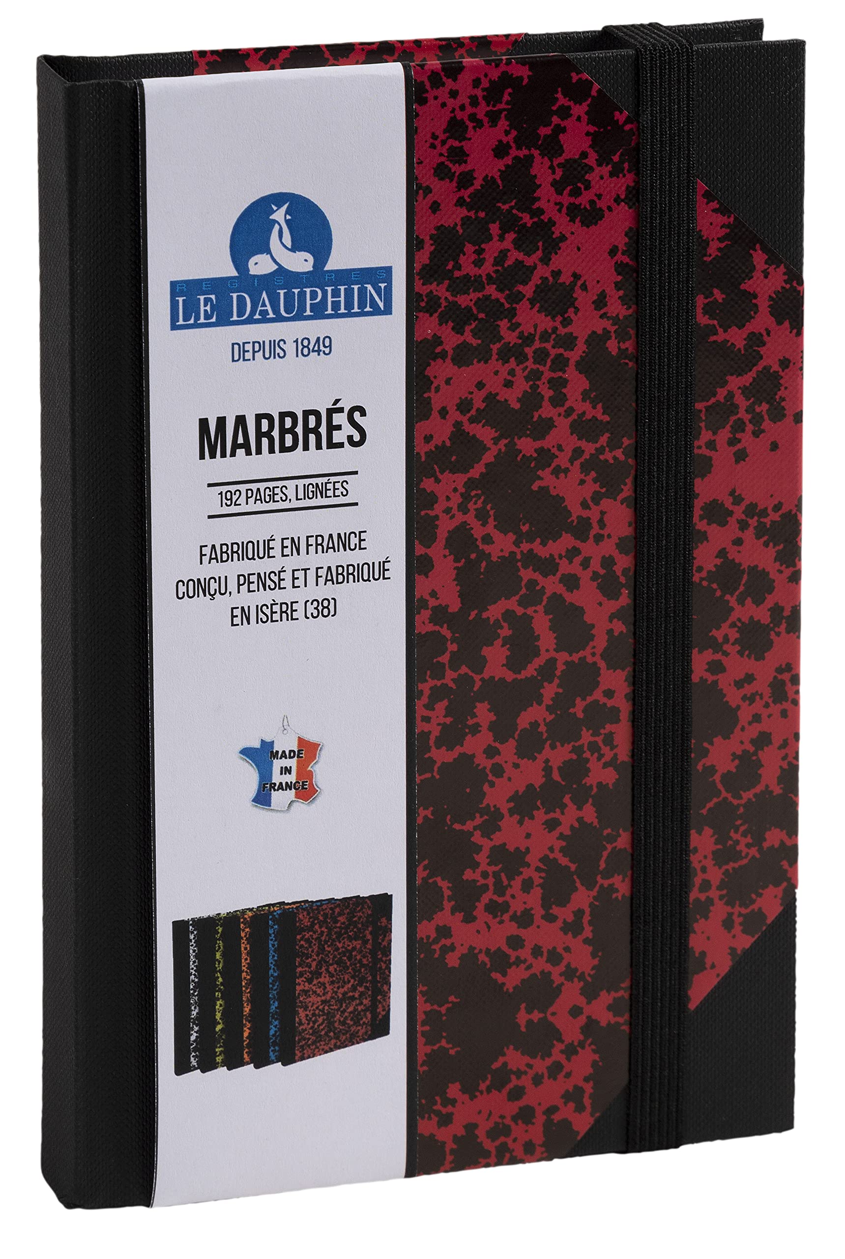 Le Dauphin - Ref. 167205D - 1 notebook - lined interior print - with black elastic closure band - dimensions 17 x 11 cm - vertical format - 192 pages - red marbled cover