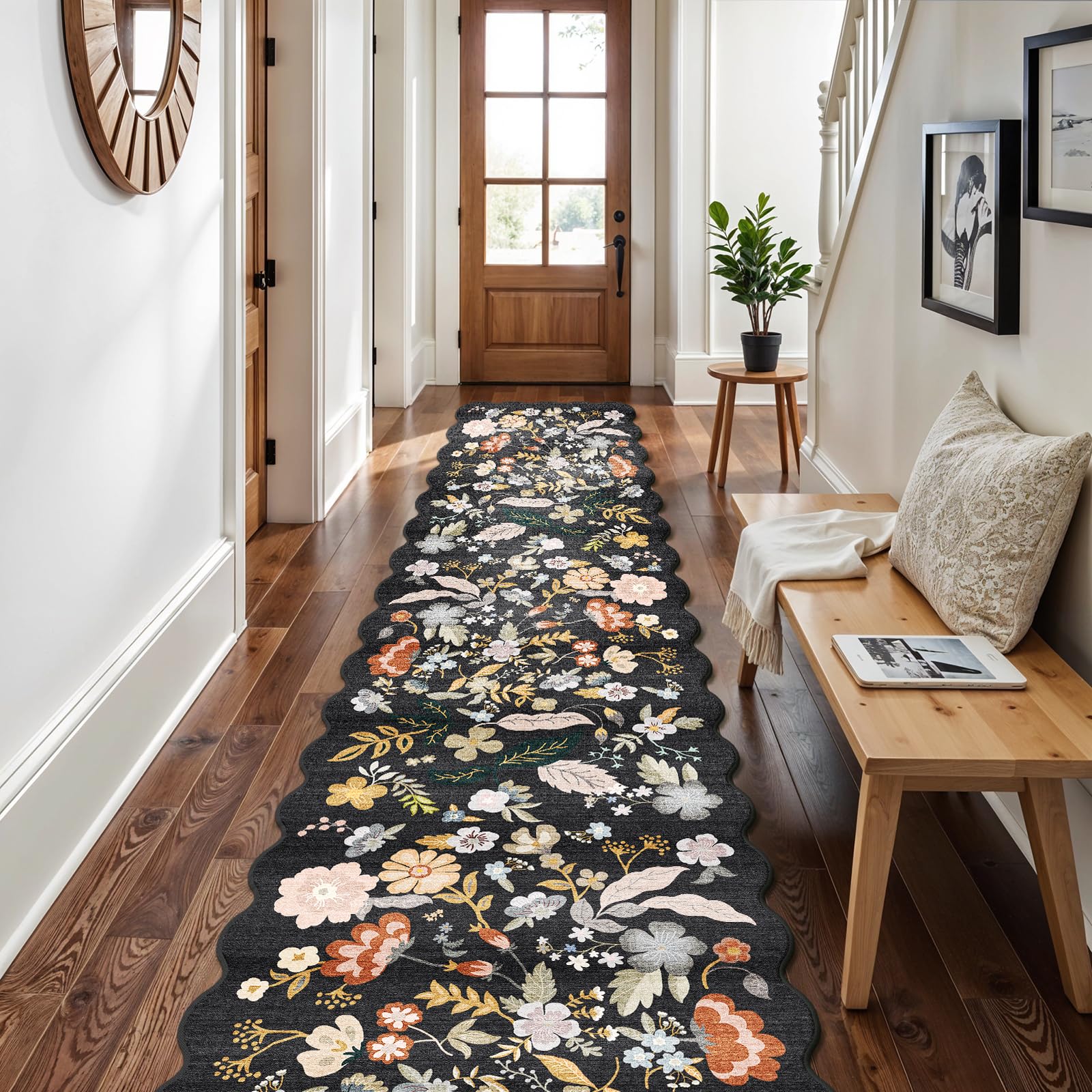 Photo 1 of 3x20 Hallway Runner Rug Washable: Extra Long 20ft Floral Scalloped Carpet Runner Non Slip Boho Rug Runner for Indoor Entryway Stain Resistant Rug Runners for Living Room (Black, 3x20)