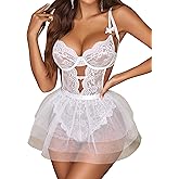 Avidlove Sexy Lingerie Set Lace Underwired Bodysuit with Detachable Mesh Mini Skirt Push Up Teddy Lingerie