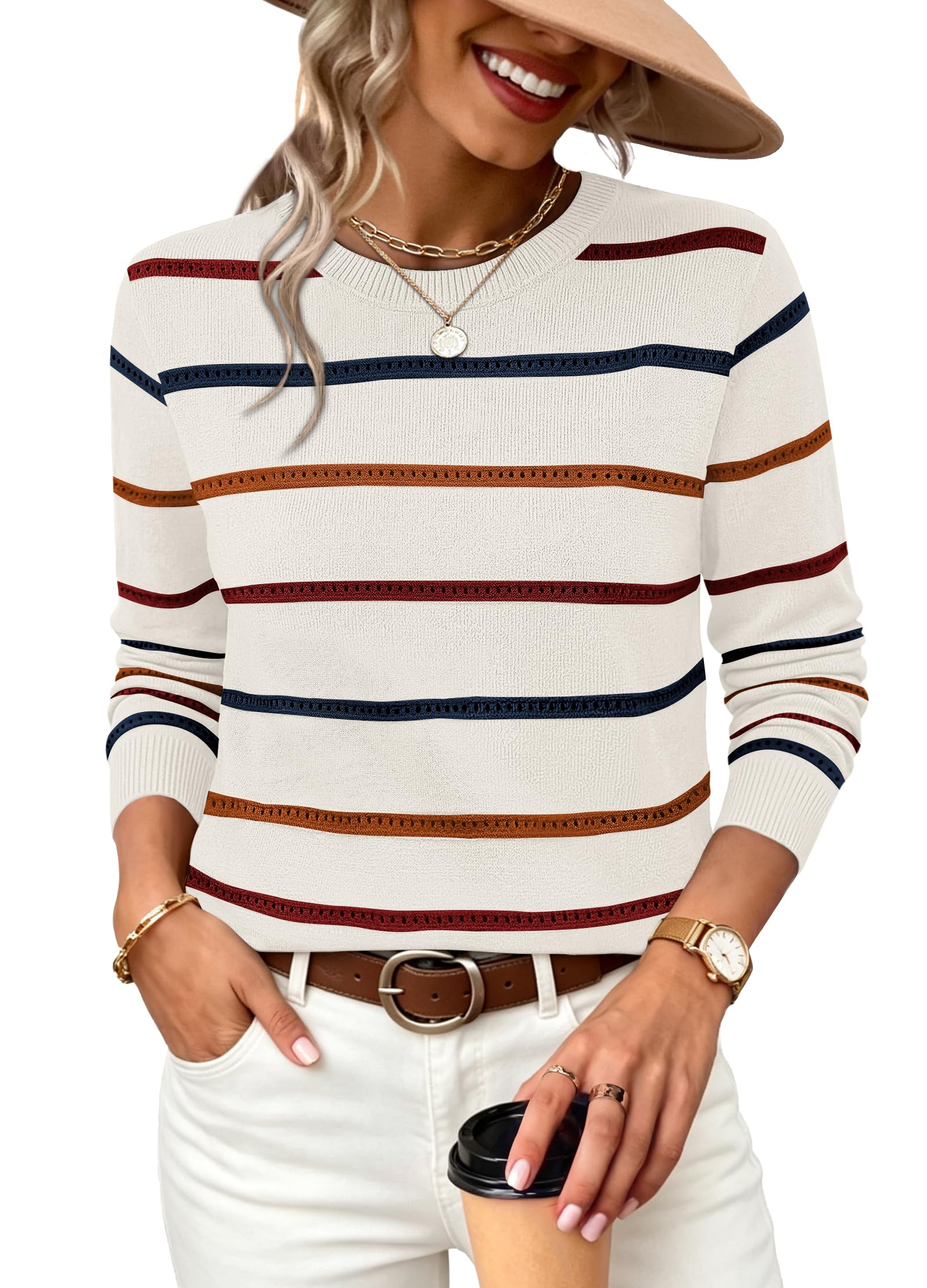 WIHOLL Fall Outfits for Women 2026 Hollow Out Knit Sweater Fashion Clothing | Fall Tops for Women,Trendy,Long Sleeve Shirts,B